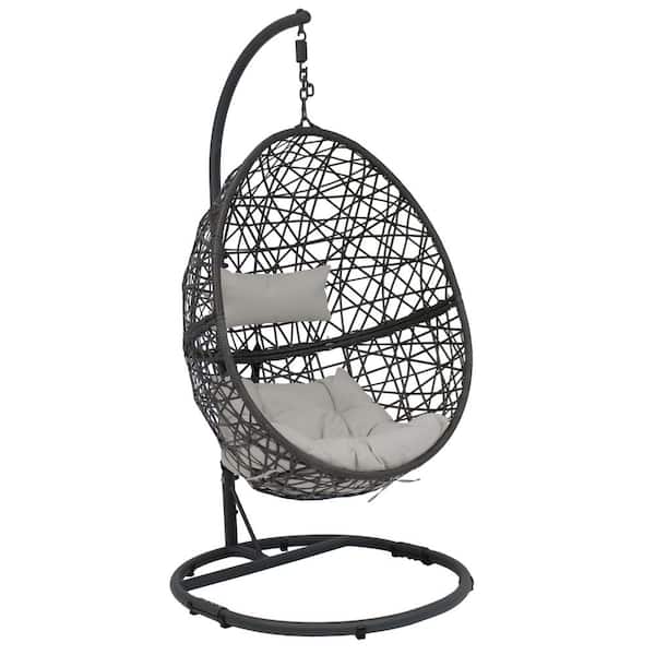 Sunnydaze Caroline Resin Wicker Outdoor Hanging Egg Patio Lounge Chair with Stand and Gray Cushions