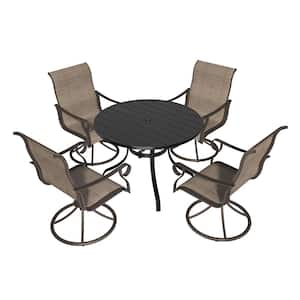 5-Piece Steel Textiliene Swivel Chair Round Table 28.35 in. Height Outdoor Dining Set with Umbrella Hole