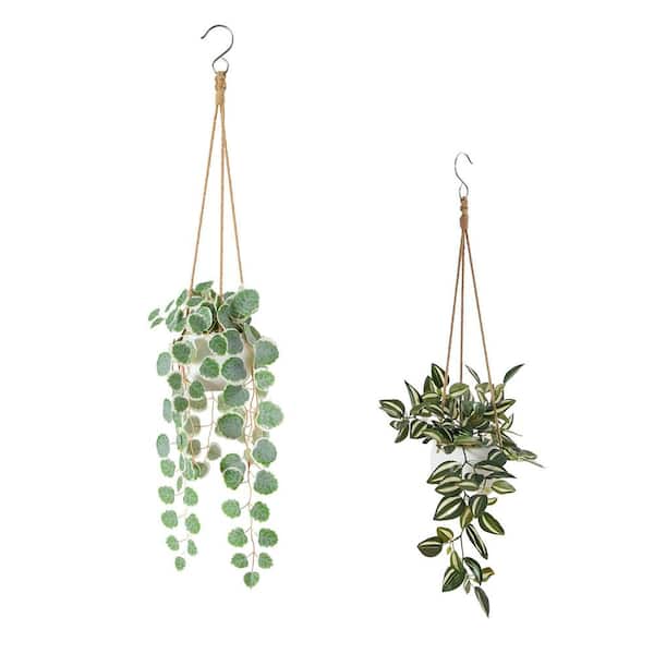 34 in. Green Artificial Wandering Jew and String of Hearts Assorted Flowers Hanging Plant - Set of 2