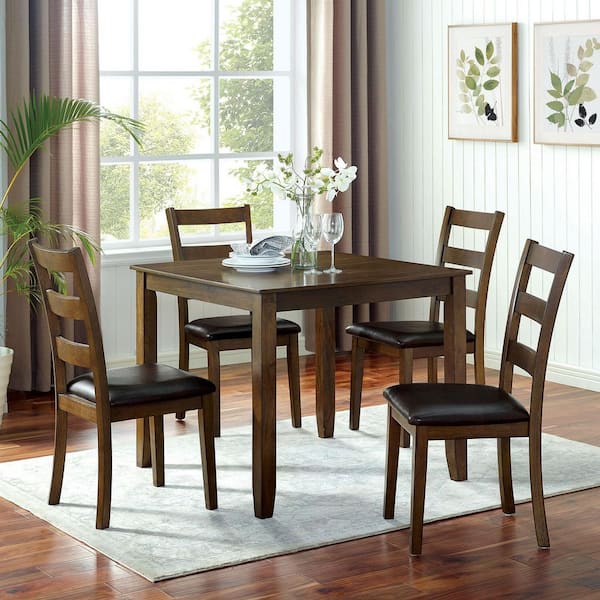 Ezra 5-Piece Square Walnut Plus Dark Brown MDF Wood Top Dining Table Set with Faux Leather Dining Side Chairs (Seats 4)