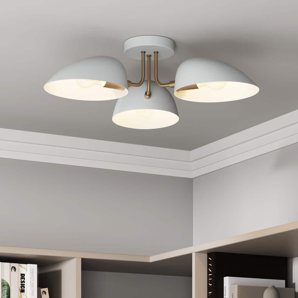 White and Brass 3-Light Semi Flush Ceiling Mount Fixture