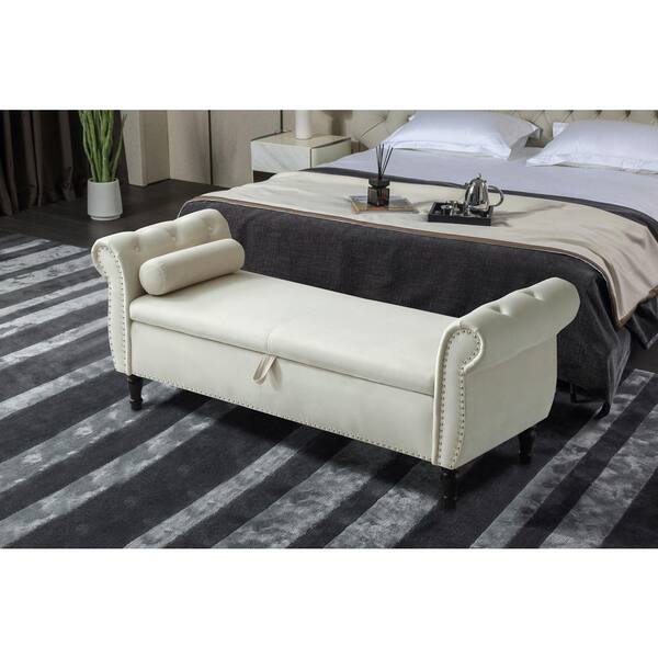 63 in. Beige Velvet Rectangular Sofa Stool Buttons Tufted Nailhead Trimmed Ottoman Solid Wood Legs with 1-Pillow