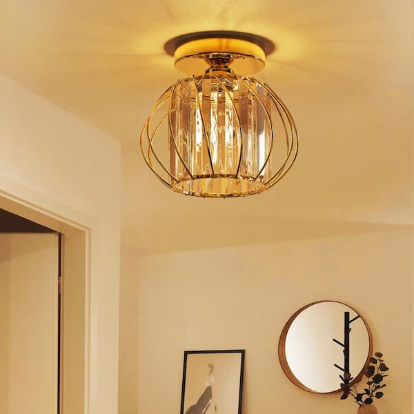 7 in. 1-Light Modern Gold Semi-Flush Mount Ceiling Light with Clear Crystal Accents offering a touch to any space