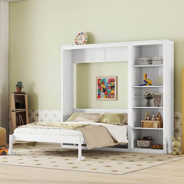 White Wood Frame Queen Murphy Bed with Shelves