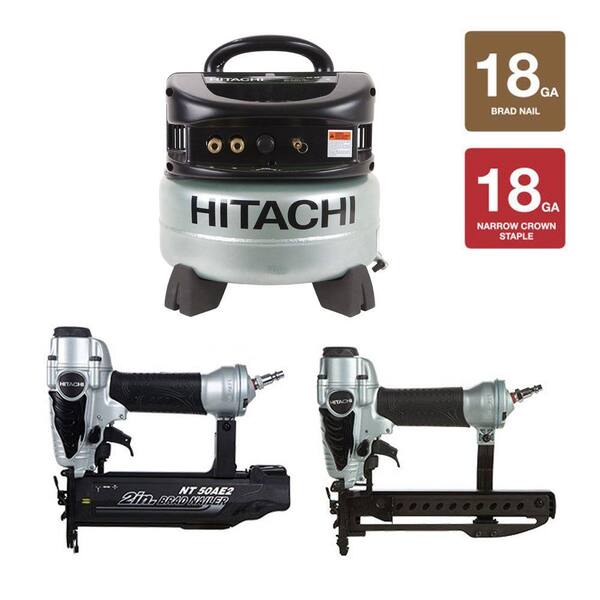 Hitachi 2 in. x 18-Gauge Finish Nailer, 0.25 in. Stapler and 6 gal. Oil-Free Pancake Compressor Kit (3-Piece)