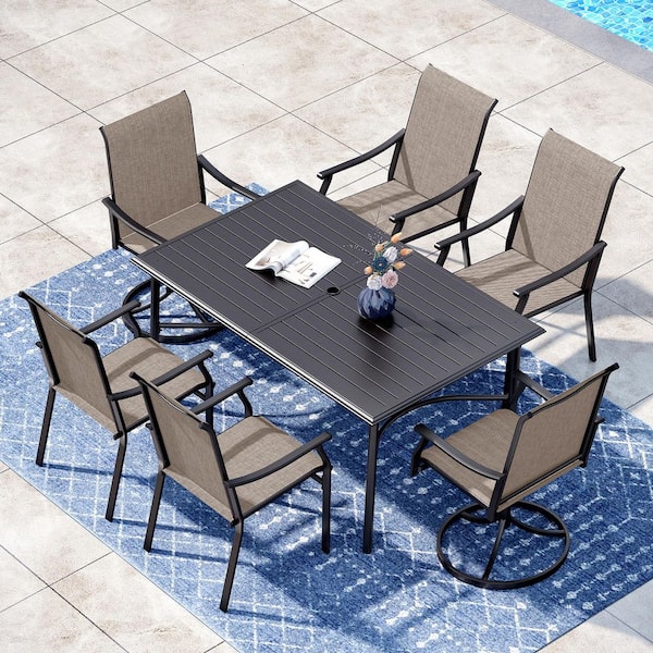 PHI VILLA Black 7-Piece Metal Patio Outdoor Dining Set with Rectangle Table and Textilene Swivel Chairs