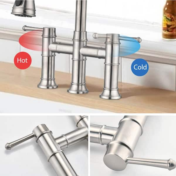 Lukvuzo Double Handle Bridge Kitchen Faucet With Pull-Down Spray 