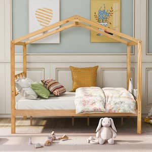 Natural Full Size House Bed for Kids, Wooden Platform Bed Frame with Headboard and Storage Space for Girls,Boys