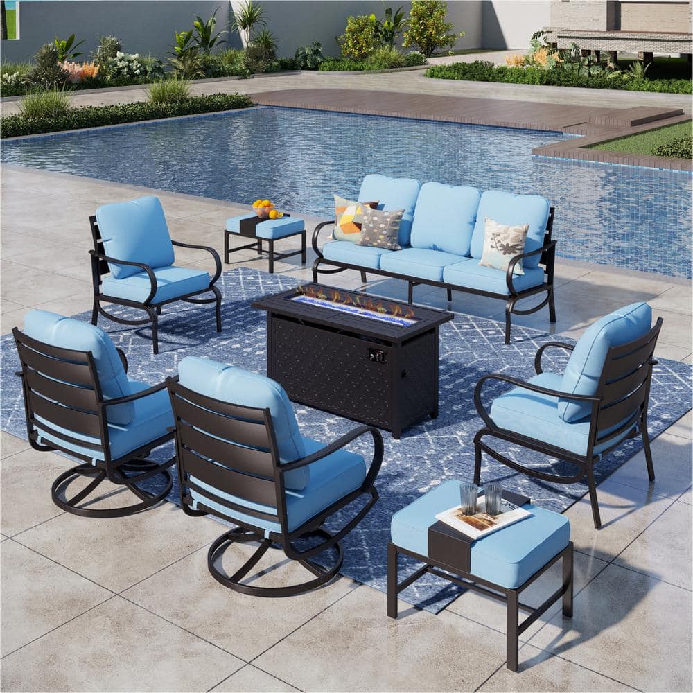 PHI VILLA 9 Seat 8-Piece Metal Outdoor Patio Conversation Set with Blue ...