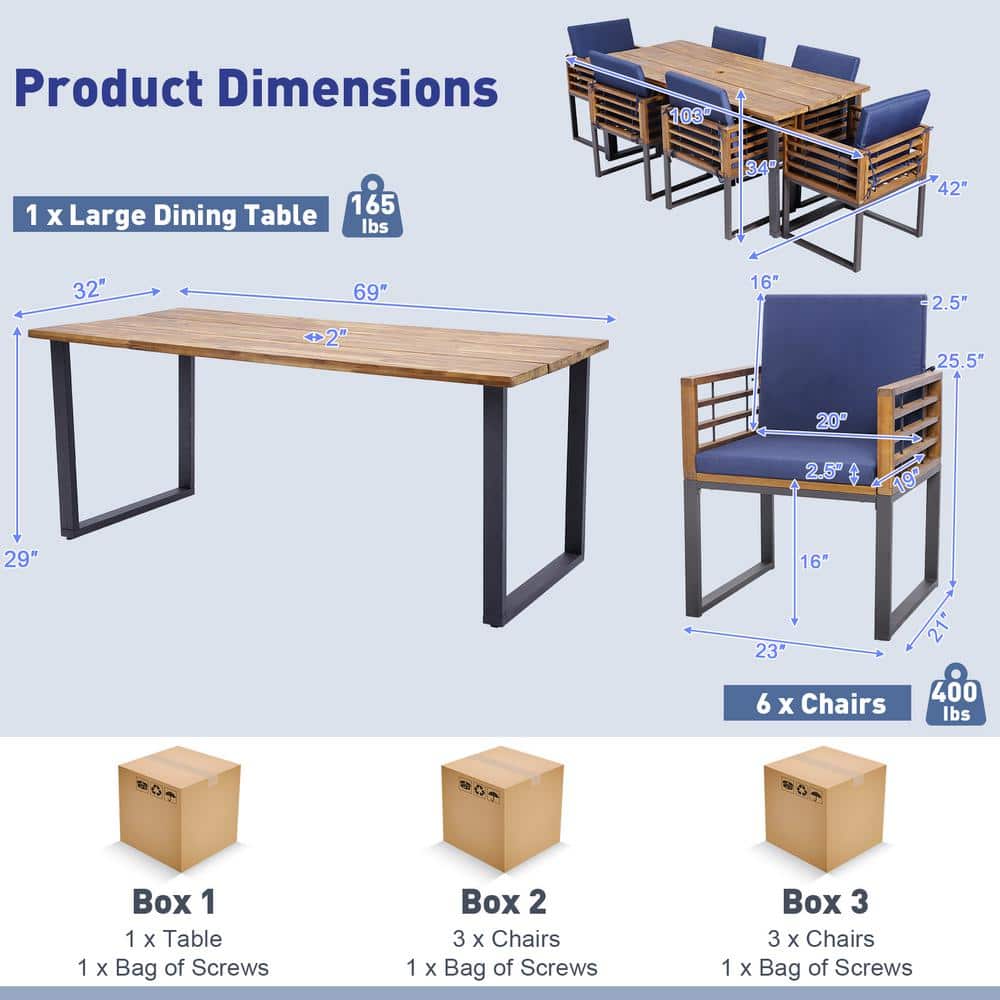 7-Piece Acacia Wood and Metal Outdoor Dining Set with Navy Cushions