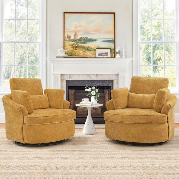 Ginger Chenille Upholstered Swivel Barrel Chair with 3 Removable Pillows Swivel Accent Chair for Living Room Set of 2