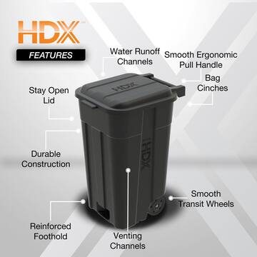 45 Gal. Black Outdoor Vented Trash Can with Wheels, Attached Lid, Rounded Handles, and Reinforced Foothold