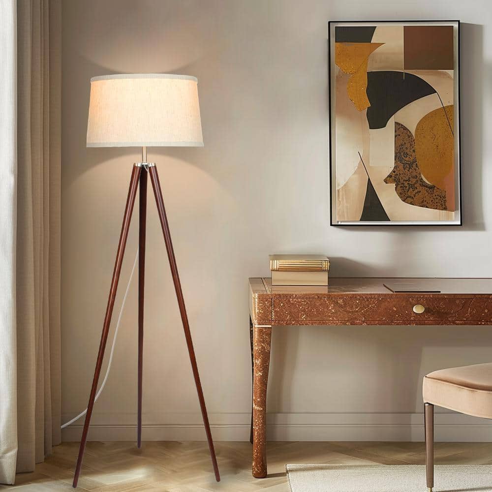 Walnut Brown Tripod Floor Lamp with White Fabric Shade