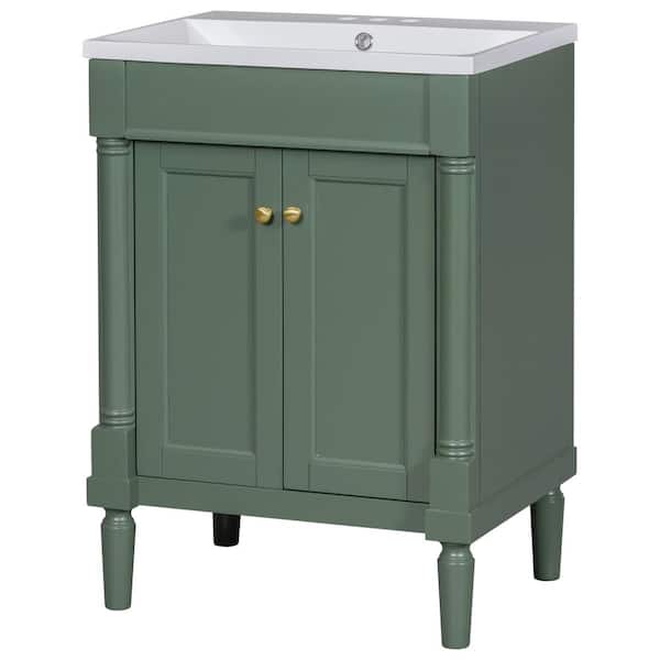 Dimakai 24 in. W x 18 in. D x 34 in. H Single Sink Freestanding Bath Vanity in Green with White Resin Top Basin, Soft Close Door