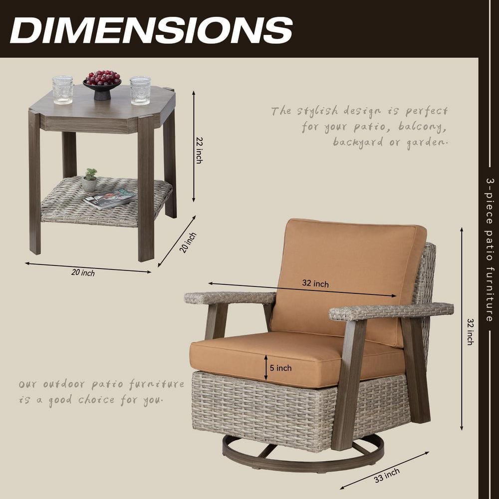 JOYSIDE 3-Piece Wicker Patio Swivel Rocking Chair Conversation Set with Tan Cushions - 3