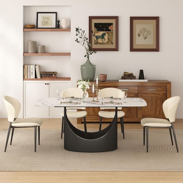 Beige Microfiber Leather Dining Chair (Set of 4), Upholstered Side Chairs with Metal Legs for Dining Room