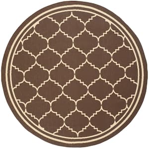 Courtyard Chocolate/Cream 7 ft. x 7 ft. Round Geometric Indoor/Outdoor Patio  Area Rug