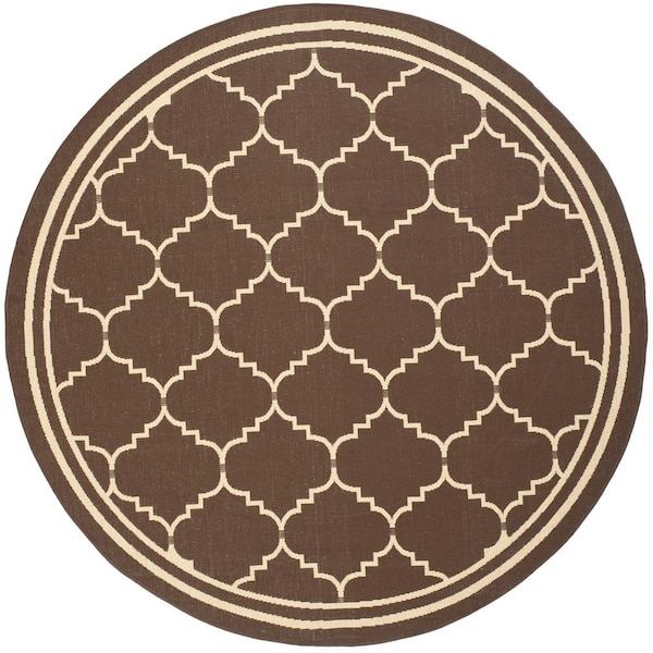SAFAVIEH Courtyard Chocolate/Cream 7 ft. x 7 ft. Round Geometric Indoor/Outdoor Patio  Area Rug