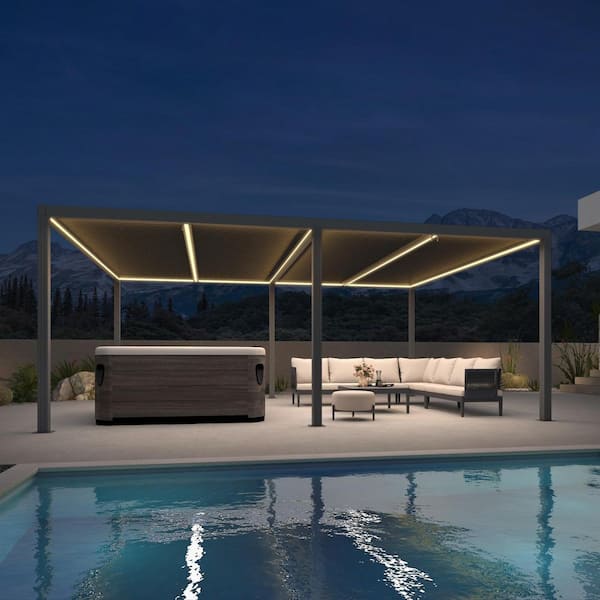12 ft. x 20 ft. Gray Aluminum Frame Outdoor Louvered Pergola Gazebo with Adjustable Sunshade Roof and LED Strip Lights