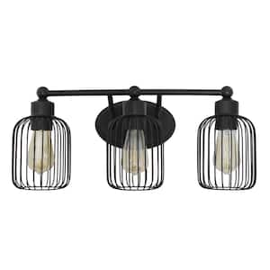 22 in. Black Industrial 3-Light Metal Birdcage Decorative Wall Mounted Vanity Light with Matching Metal Oval Backplate