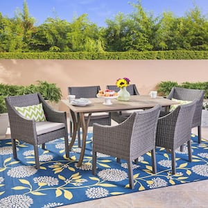 Tara Gray 7-Piece Wood and Faux Rattan Outdoor Dining Set with Gray Cushions