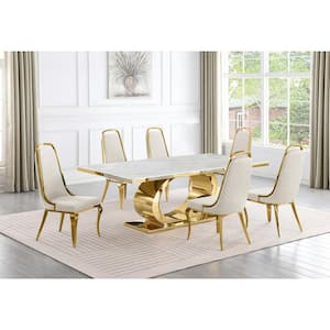 Ibraim 7-Piece Rectangle White Marble Top Gold Stainless Steel Dining Set with 6 Cream Velvet Gold Chrome Iron Chair