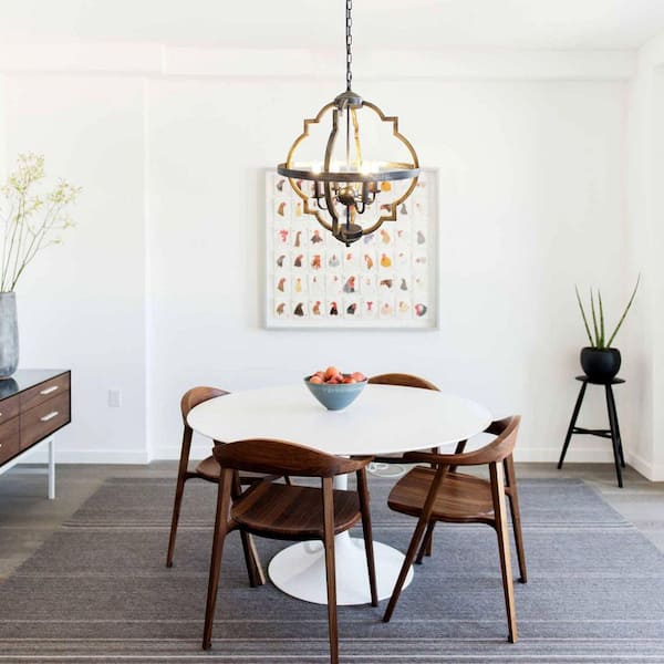 4-Light Distressed Black Farmhouse Globe Cage Candlestick Island Chandelier with Faux Wood Metal Frame