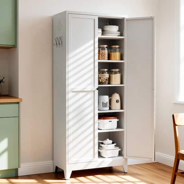 White 75" H Metal Kitchen Pantry Cabinet with 5 Adjustable Shelves Accent Storage Cabinet w/Dishware in Kitchen, Pantry