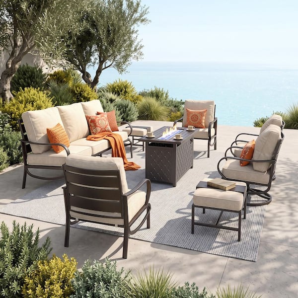 Metal 9 Seat 8-Piece Outdoor Patio Conversation Set with Beige Cushions, Swivel Chairs, Rectangular Fire Pit Table
