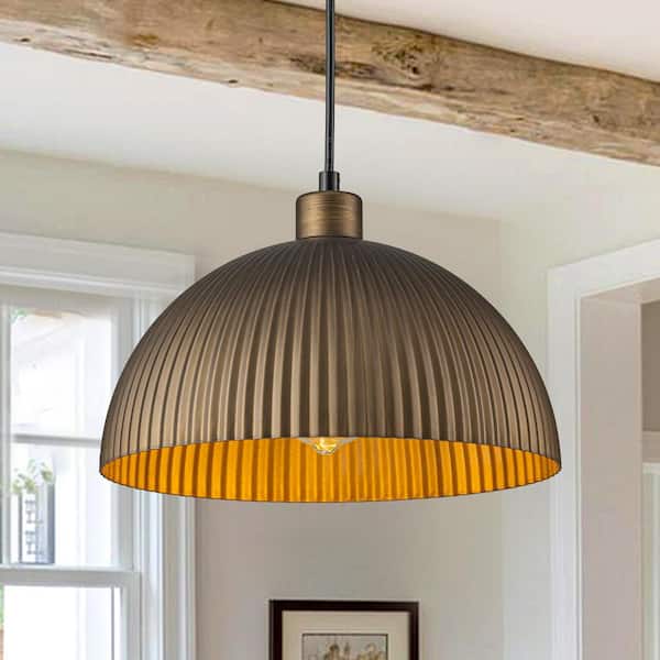 Elizabeth 11.8 in. 1-Light Vintage Gold Stripe Dome Pendant Light Fixture