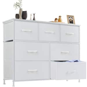 Miguel White 39.3 in. W 7-Drawer Dresser with Fabric Bins and Steel Frame Storage Organizer Chest of Drawers