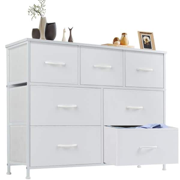 FIRNEWST Miguel White 39.3 in. W 7-Drawer Dresser with Fabric Bins and Steel Frame Storage Organizer Chest of Drawers