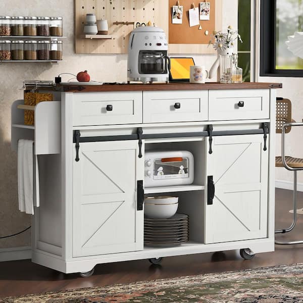White Wood 53.8 in. Farmhouse Kitchen Island with Power Outlet, Drawers and Drop Leaf