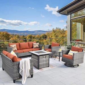 Jupiter 6-Piece Wicker Outdoor Patio Fire Pit Seating Sofa Set and with Orange Red Cushions and Swivel Rocking