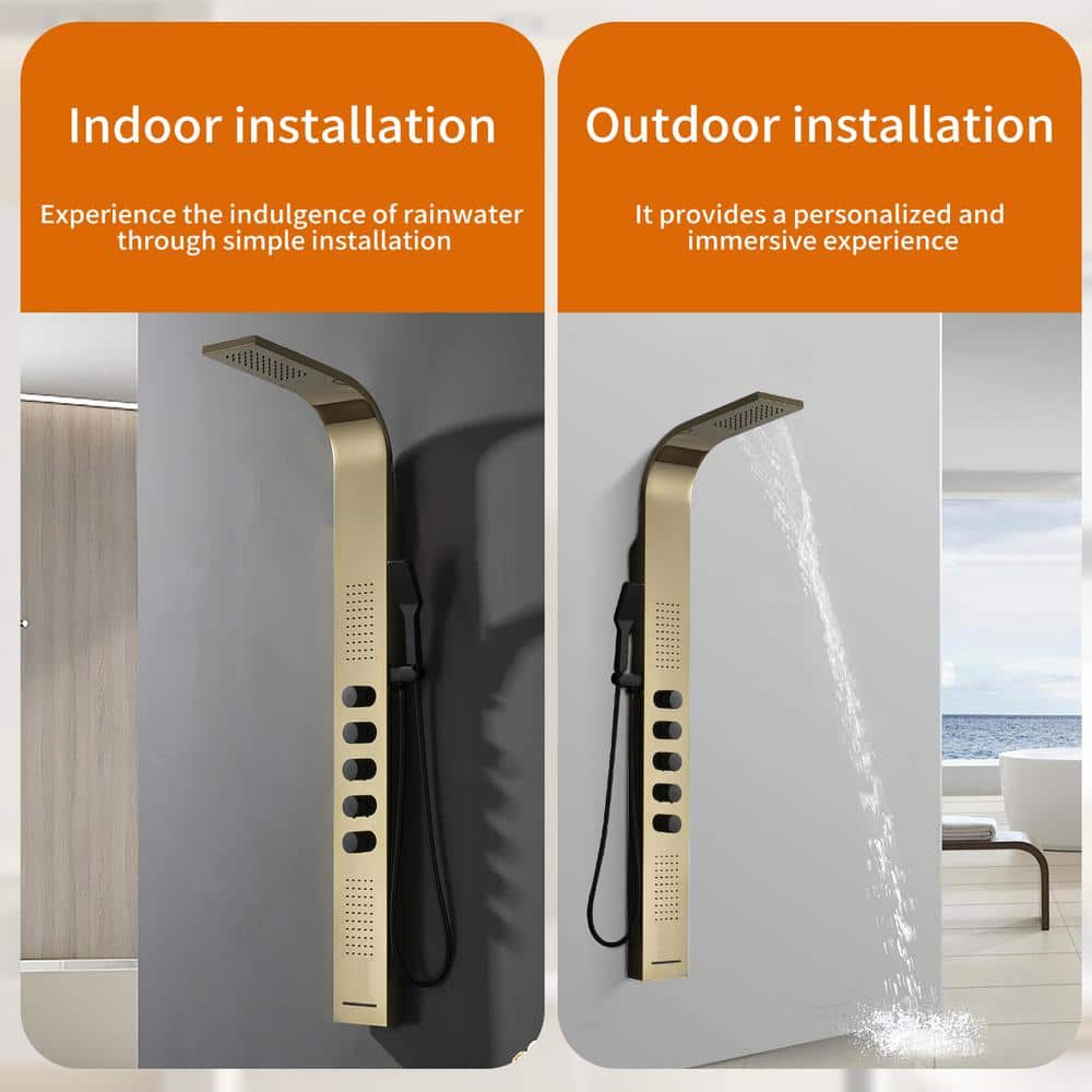 Black and Gold 60'' Modern Brass Shower Panel System with Rainfall Shower Head