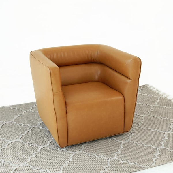 Aldora Tan Vegan Leather Mid Century Modern Comfy Swivel Barrel Armchair