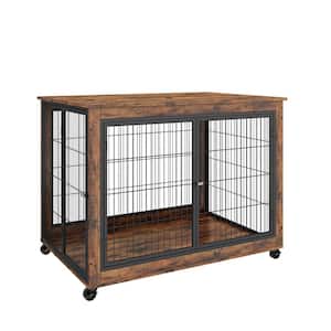 Furniture Style Dog Crate Side Table on Wheels with Double Doors and Lift Top in Brown