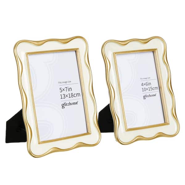 Glitzhome 9 in. H Vintage White with Gold Wavy Edge Resin Tabletop Picture Frames-4 x 6, 5 x 7（Set of 2）