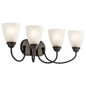 Jolie 28 in. 4-Light Olde Bronze Transitional Bathroom Vanity Light with Satin Etched Glass