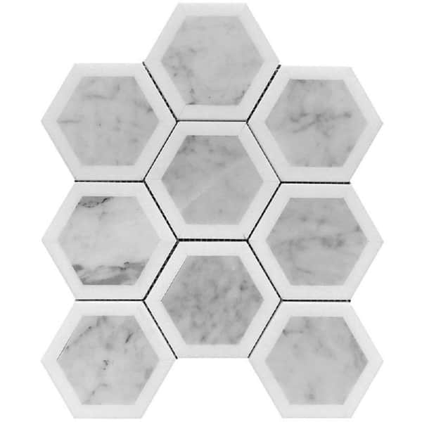 Apollo Tile White and Gray 10.6 in. x 11.8 in. Hexagon Polished Marble Mosaic Tile (4.34 sq. ft./Case)