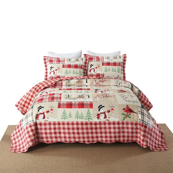 MarCielo BYV207 Christmas Red Reindeer and Snowman Queen Size Polyester Velvet Quilt Bedspread Set
