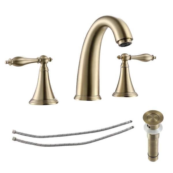LORDEAR 8 in. Widespread Low Arc Double-Handle Bathroom Faucet with Drain Assembly in Gold