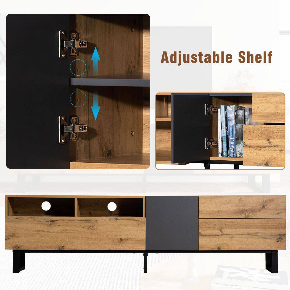 Close-up of the adjustable shelf and interior of the TV stand.
