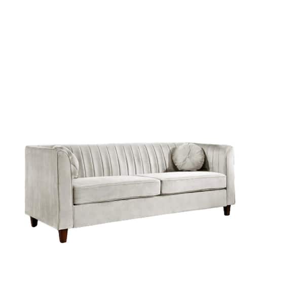 US Pride Furniture Lowery 79.5 in. W Square Arm Velvet 3-Seats Tuxedo Straight Sofa with Square Arms in Beige