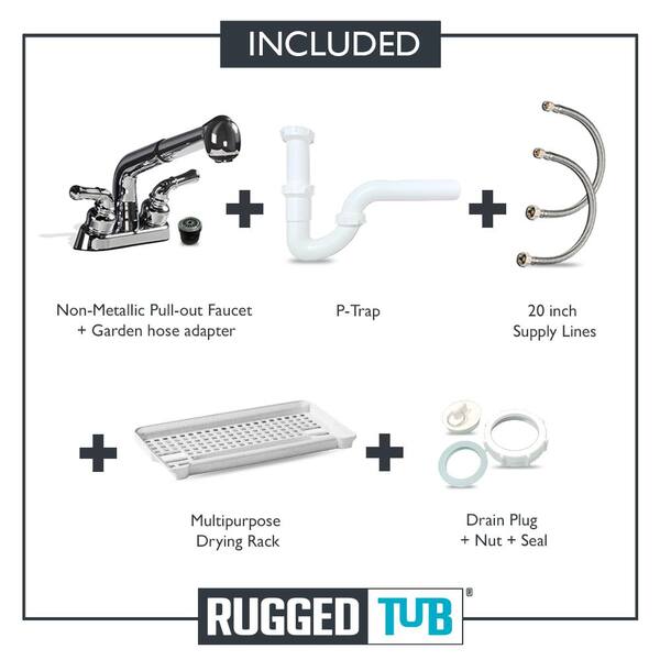 Rugged Tub 24 in. x 22 in. Polypropylene Granite Laundry Sink with 2 Hdl Non Metallic Pullout Faucet and Installation Kit (Pk of 2), White with Grey