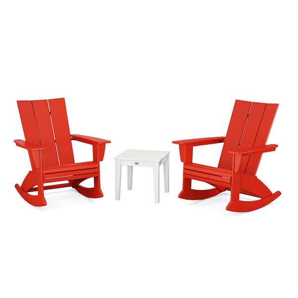 POLYWOOD Modern Curveback Adirondack Rocking Chair Sunset Red/White 3-Piece HDPE Plastic Patio Conversation Set