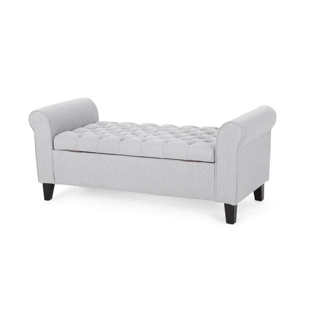 Light Gray Tufted Fabric Storage Ottoman Bench with Rolled Arms