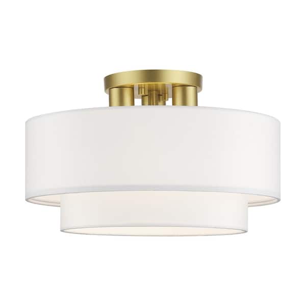 Manorwood 3-Light Soft Gold Semi Flush Mount with Off-White Fabric Shade