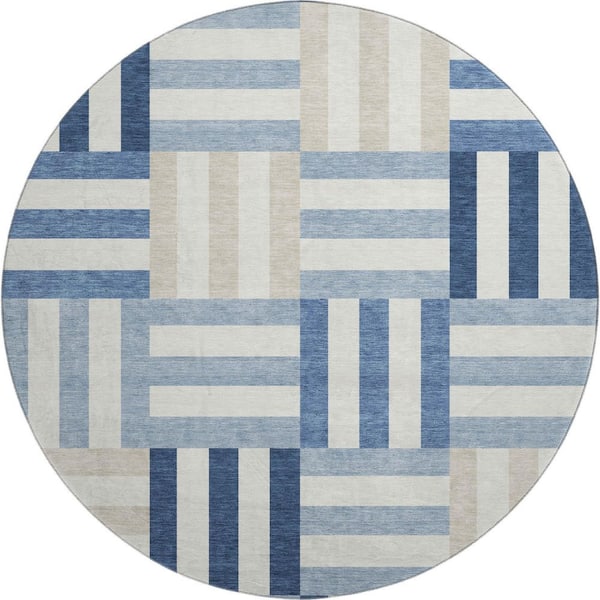 Mayfield Premium Machine Washable Abstract AMF2332 Navy 8 ft. x 8 ft. Round Rug