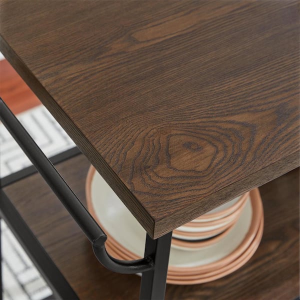 Blake Industrial Black Metal Frame Rolling Kitchen Cart with 3 Walnut Accent Storage Shelves (32" W)